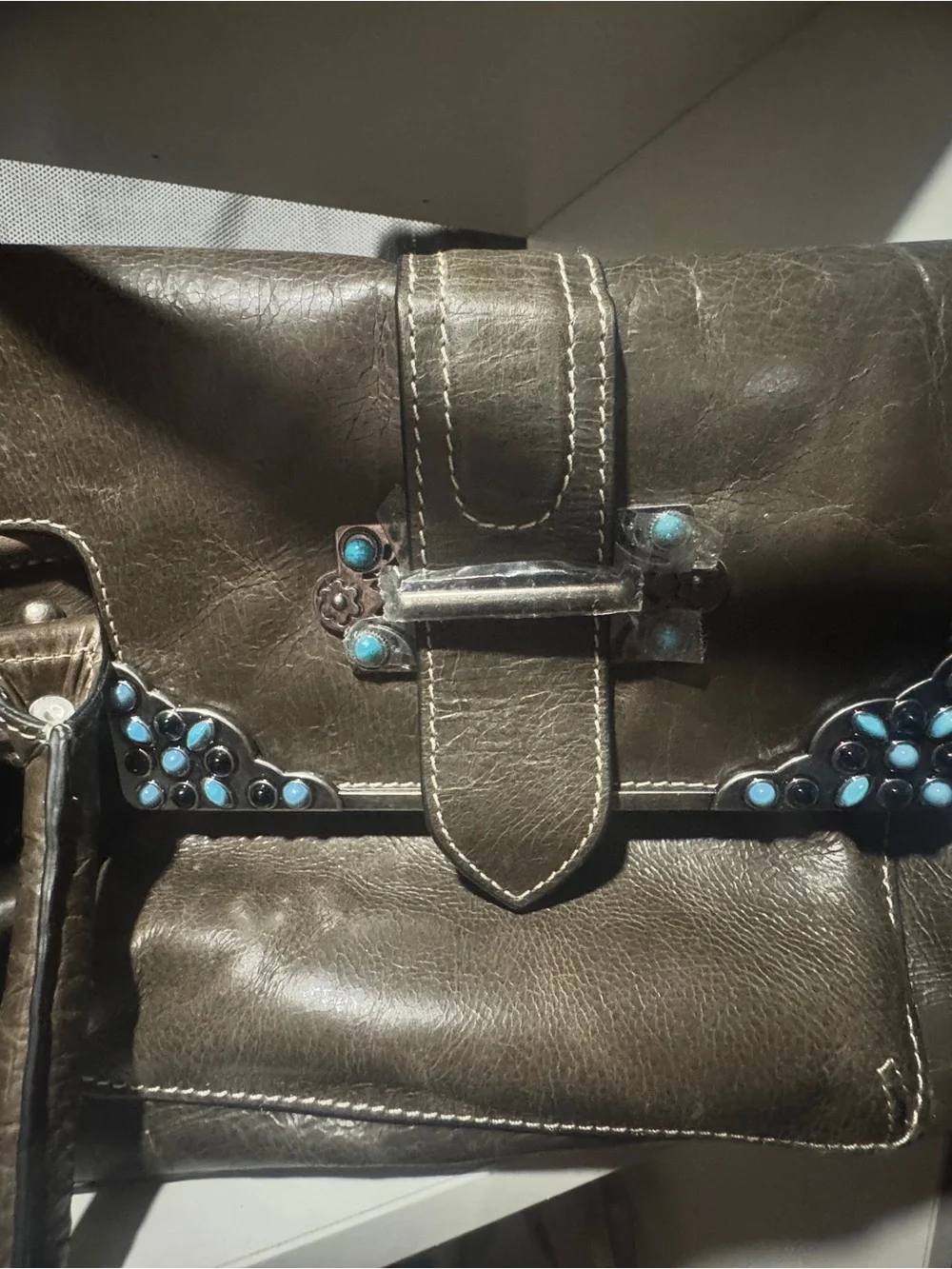Brown Leather Satchel with Turquoise Accent Detail